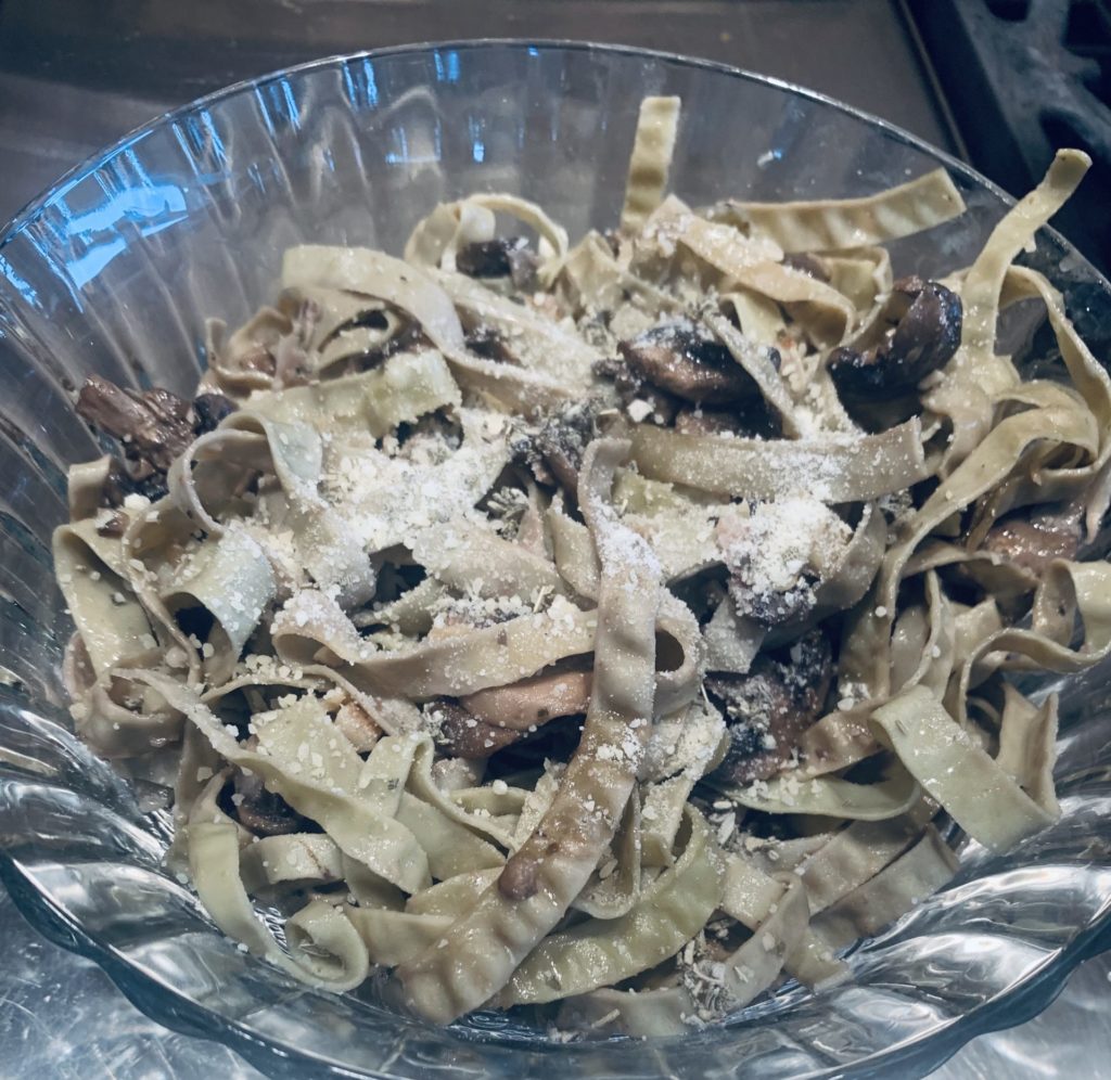 Edamame Fettucine with Hazelnuts and Exotic Mushrooms